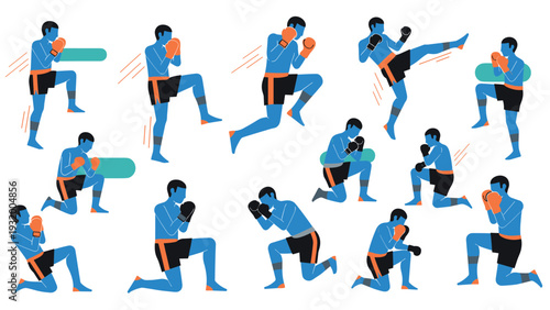 Dynamic martial arts poses in flat style for fitness and training concepts