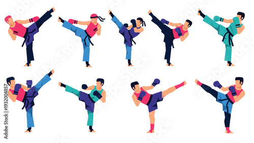 Diverse martial arts pose collection in flat design
