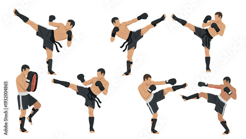 Martial arts fighters in dynamic kickboxing poses with training gear