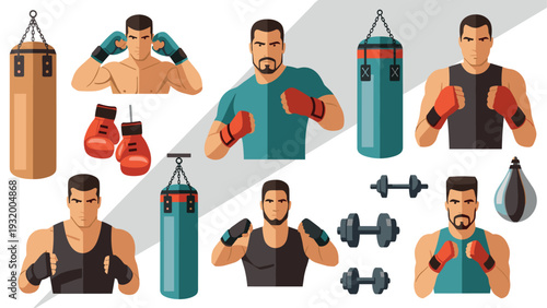 Boxing training set: punching bags, fighters, gloves, and weights