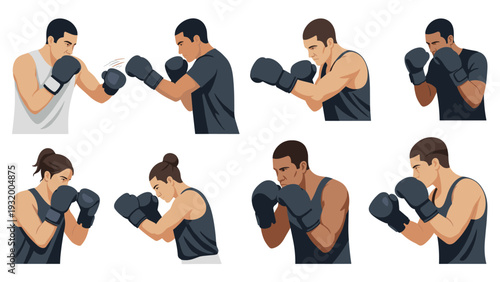 Boxing training techniques: male and female fighters in action pose set