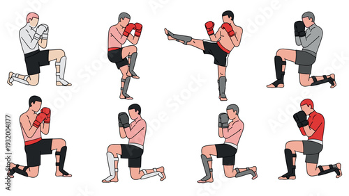Muay thai fighters in various poses and techniques on white background