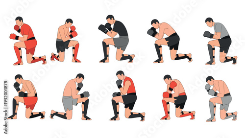 Boxers kneeling in respect: diverse flat style designs showcasing sportsmanship