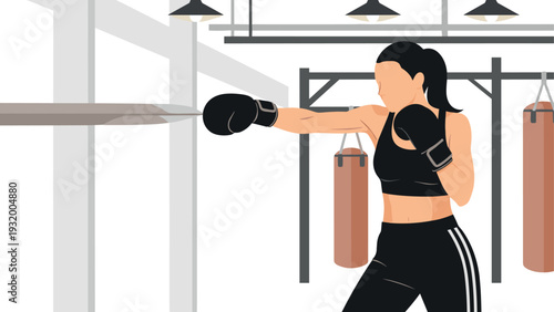 Woman boxing in gym with punching bag in minimalist style