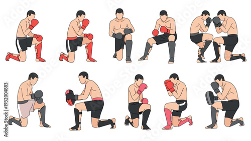 Boxing and muay thai fighters in active kneeling poses
