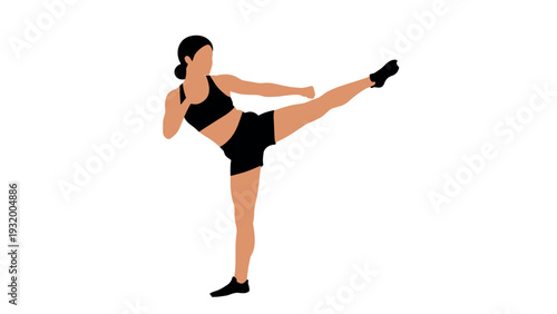 Female martial artist high kick in action silhouette on white background