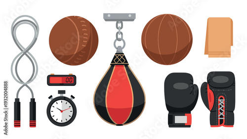 Boxing equipment set with punching bag, gloves, and jump rope in flat style