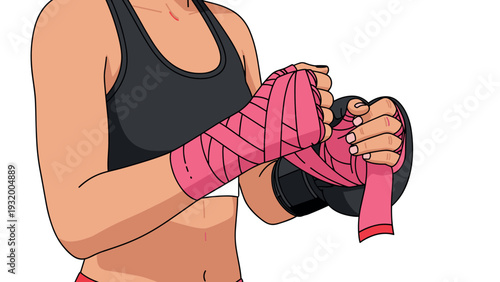 Boxing preparation: woman wrapping hands in pink tape ready for training