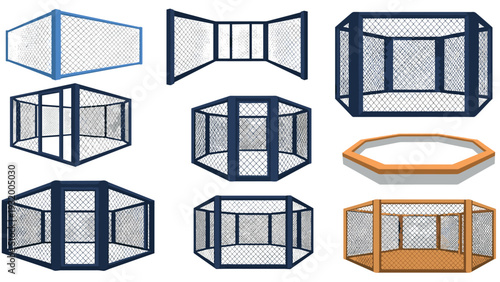 Set of isometric mixed martial arts cages in various shapes and colors