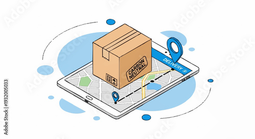 Isometric illustration of a package on a tablet with map navigation.