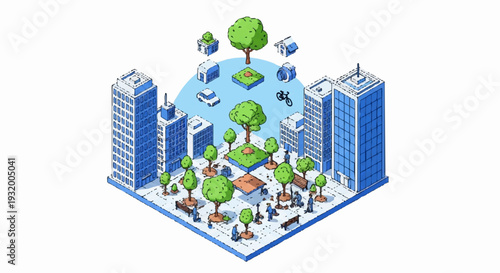 Isometric Smart City With Green Spaces And Buildings.
