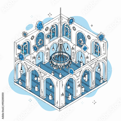 Isometric View of a Mosque Interior with Worshippers.