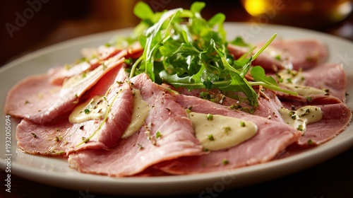 Vitello tonnato photographed from low angle, emphasizing thinness of veal slices