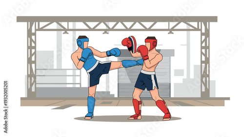 Boxers sparring in a modern gym with safety gear in dynamic flat style