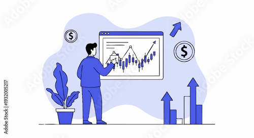 Man analyzing stock market graph on a digital screen with upward trends.