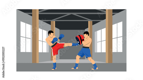 Martial arts training: fighters sparring in modern gym interior
