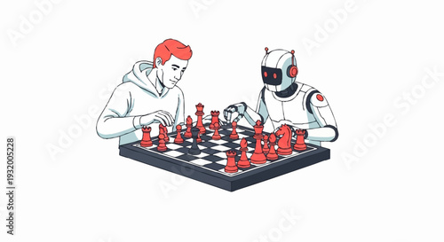 Man and robot playing chess strategy game.