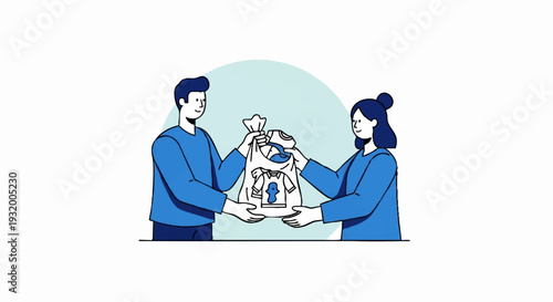 Man and woman exchanging a bag of goods.