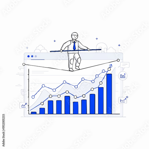 Man balancing on tightrope above financial charts and graphs.