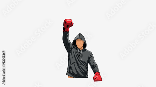 Faceless boxer celebrating victory under spotlight in minimalist art style