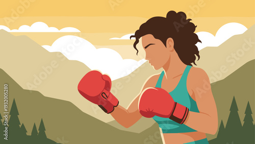 Boxing woman in nature with mountains and trees in the background