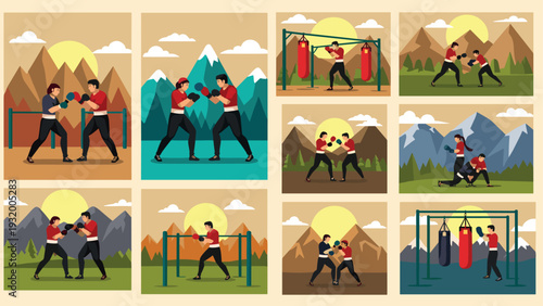 Boxing training scenes: diverse outdoor landscapes with fighters and punching bags
