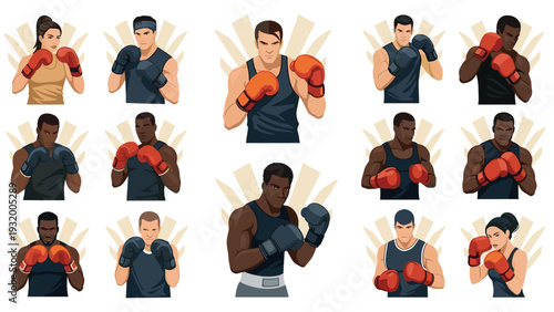 Diverse boxing enthusiasts in dynamic action poses