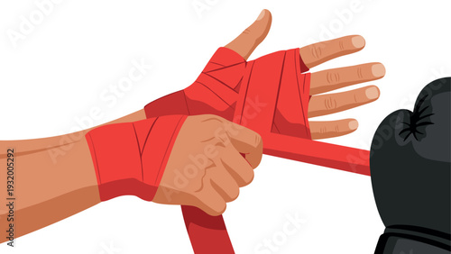 Boxer wrapping hands with red tape before training session