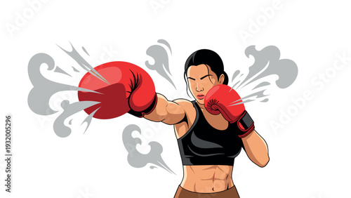 Dynamic female boxer in action with powerful punch and red gloves