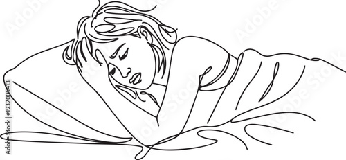 Insomnia Problem Suffering Girl In Bed Black Line Pencil Drawing Vector. Sadness Young Woman With Insomnia, Depression Or Stress, one line art icon drawing vector