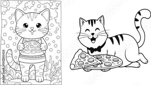 Two cartoon cats enjoying pizza and snacks