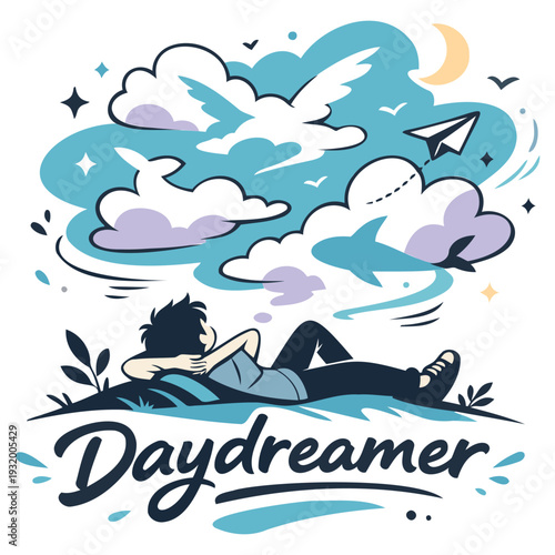 Cartoon illustration of a person daydreaming while lying on grass with whimsical clouds and birds flying around them