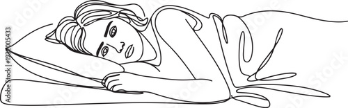 Insomnia Problem Suffering Girl In Bed Black Line Pencil Drawing Vector. Sadness Young Woman With Insomnia, Depression Or Stress, one line art icon drawing vector