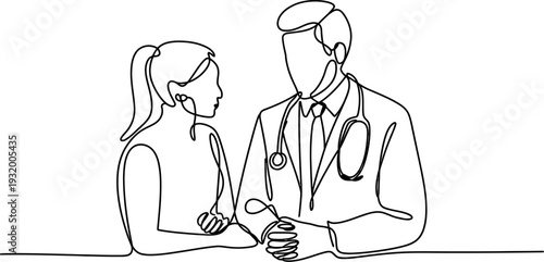 A continuous line drawing depicts a doctor having a professional consultation with a female patient. The doctor wears a stethoscope and clasps his hands while listening attentively to the woman. 