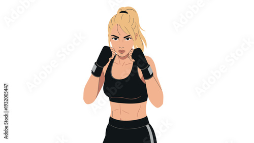 Confident female boxer in black sportswear with blonde ponytail in ready stance