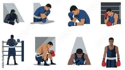Diverse boxing poses in flat design with various angles and expressions