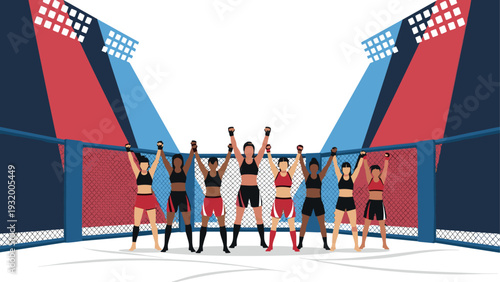 Mixed martial arts fighters celebrating victory in arena with raised hands under stadium lights