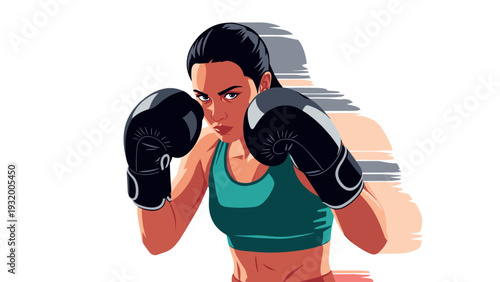 Dynamic female boxer in action pose with gloves and bold coloring