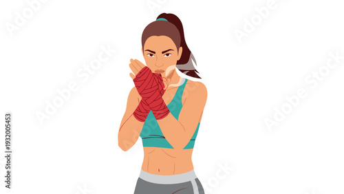Confident female boxer in pose with red hand wraps and athletic attire