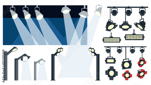 Stage and outdoor lighting elements in modern flat design