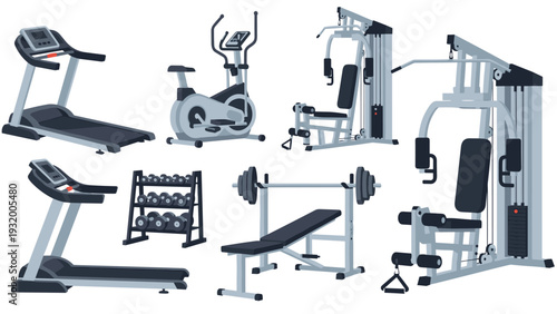 Modern gym equipment set: treadmill, bench, bike, and weights for fitness enthusiasts