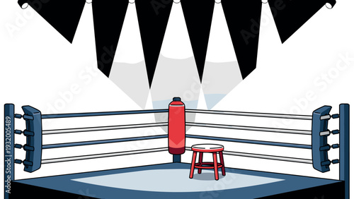 Empty boxing ring with spotlight in flat style