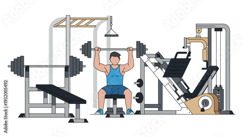 Fitness center gym equipment: man weightlifting in flat style design