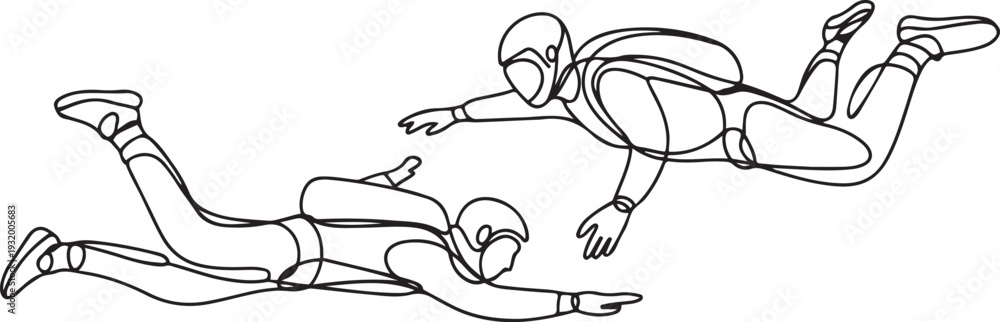 Obraz premium Skydivers Man And Woman Skydive In Air Black Line Pencil Drawing Vector. Young Boy And Girl Wearing Skydive Clothes, one line art icon drawing vector