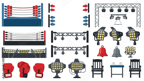 Boxing match setup with equipment and lighting elements in flat style