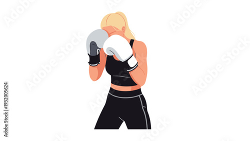 Female boxer in fight stance with gloves and athletic attire