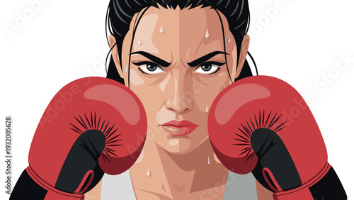 Determined female boxer in red gloves with focused expression and sweat dripping down face