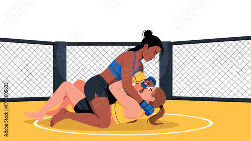 Women engaged in intense mixed martial arts competition in the ring