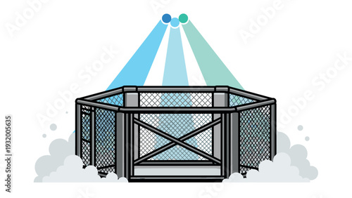 Empty mma cage with dramatic spotlight and fog on white background