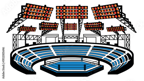 Arena spotlight: modern venue with wrestling ring and floodlights